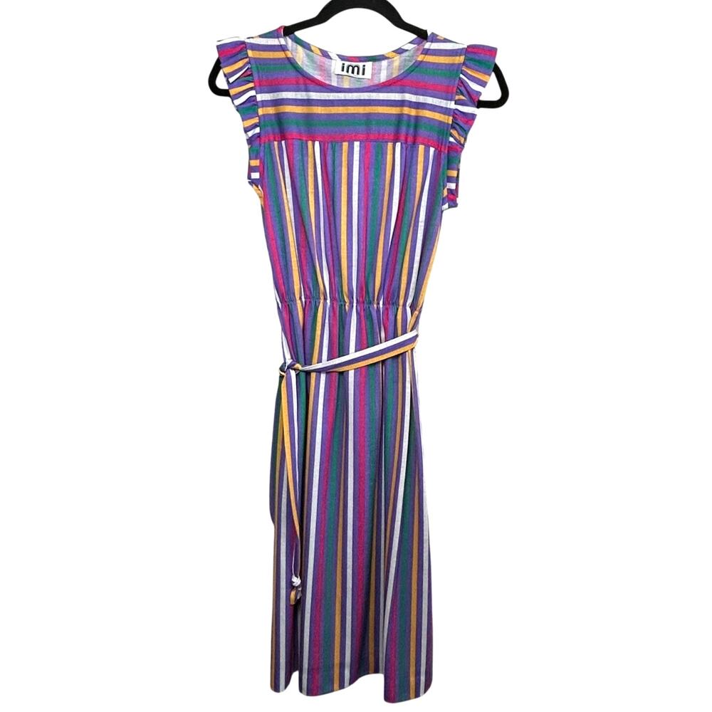 Vintage 70s iMi New York Multicolor Stripe Flutter Sleeve Midi Dress Sz S/M Belt - Picture 5 of 10